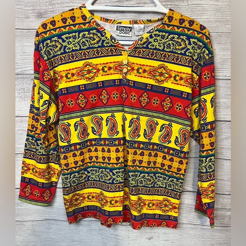 Vintage 90s Simply Basic Henley Shirt Multicolor Paisley Geometric‎ Print Size M